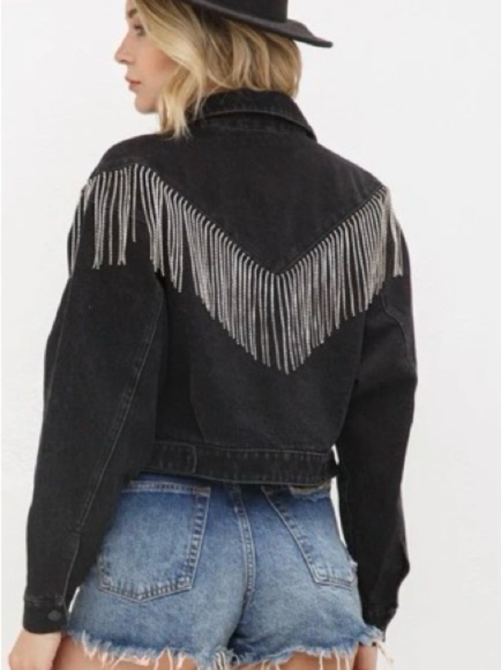 Blue B Sz M Washed Black Cropped Rhinestone Fringe Denim Jacket - Designer Style - Picture 7 of 15